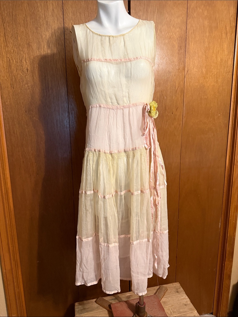 Vintage 1920’s Cream and Pale Pink Tiered Silk Dress